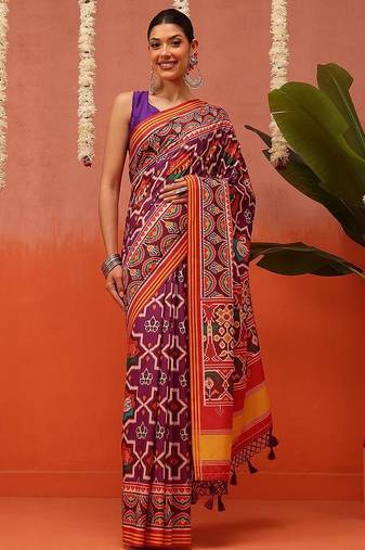 Orange printed silk blend ethnic saree with blouse piece