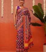 Orange printed silk blend ethnic saree with blouse piece