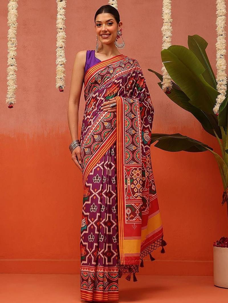 Orange printed silk blend ethnic saree with blouse piece
