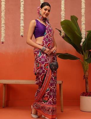 Orange printed silk blend ethnic saree with blouse piece 2