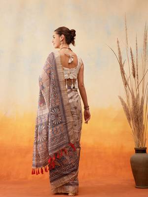 Grey printed cotton blend ethnic saree with blouse piece 3