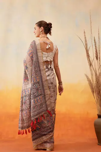 Grey printed cotton blend ethnic saree with blouse piece