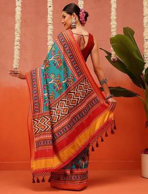 Blue printed silk blend ethnic saree with blouse piece 2