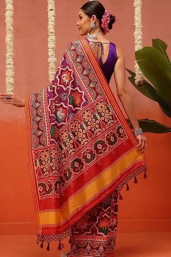 Orange printed silk blend ethnic saree with blouse piece