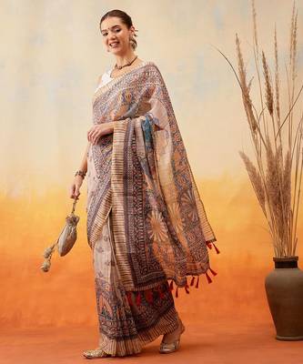 Grey printed cotton blend ethnic saree with blouse piece 4