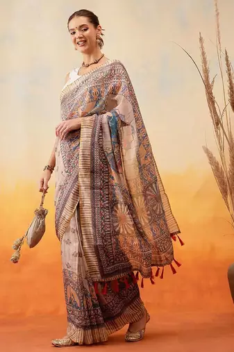 Grey printed cotton blend ethnic saree with blouse piece
