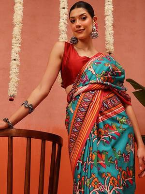 Blue printed silk blend ethnic saree with blouse piece 3