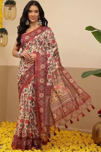 Cream printed cotton blend ethnic saree with blouse piece
