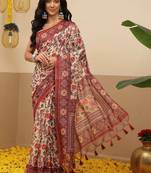 Cream printed cotton blend ethnic saree with blouse piece