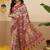 Cream printed cotton blend ethnic saree with blouse piece
