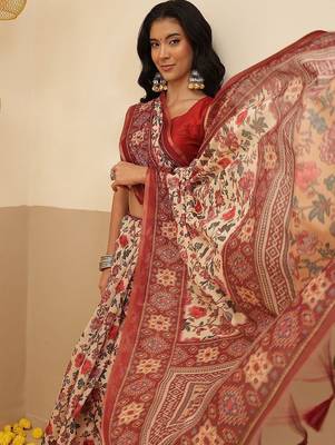 Cream printed cotton blend ethnic saree with blouse piece 2