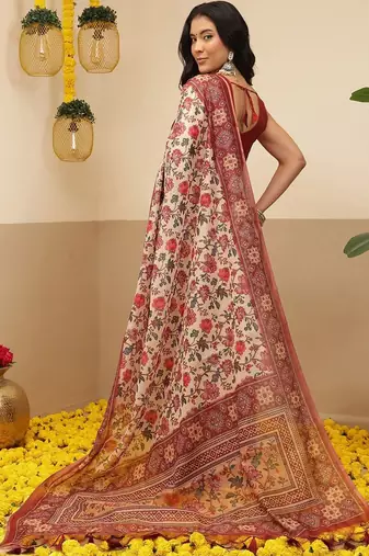 Cream printed cotton blend ethnic saree with blouse piece