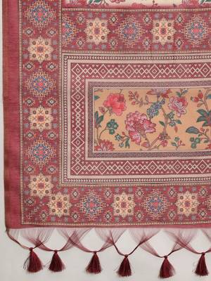 Cream printed cotton blend ethnic saree with blouse piece 5