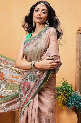Peach printed cotton blend ethnic saree with blouse piece