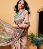 Peach printed cotton blend ethnic saree with blouse piece