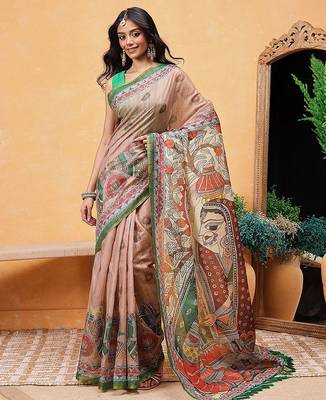 Peach printed cotton blend ethnic saree with blouse piece 2