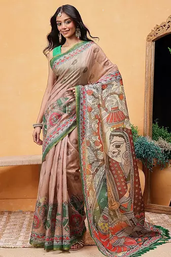 Peach printed cotton blend ethnic saree with blouse piece
