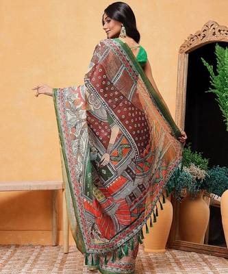 Peach printed cotton blend ethnic saree with blouse piece 3