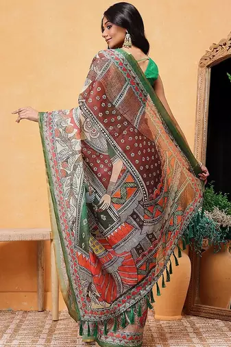 Peach printed cotton blend ethnic saree with blouse piece