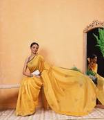 Yellow printed cotton blend ethnic saree with blouse piece