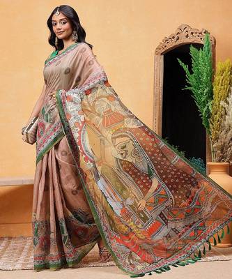 Peach printed cotton blend ethnic saree with blouse piece 4