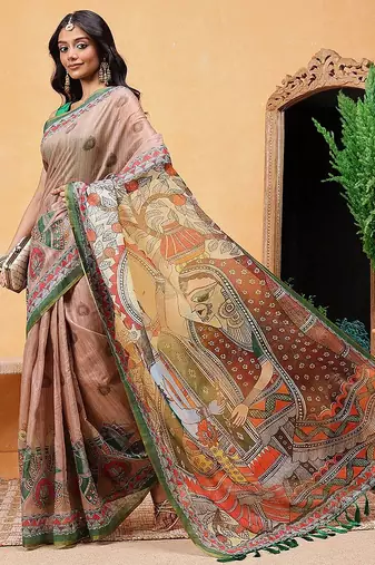 Peach printed cotton blend ethnic saree with blouse piece