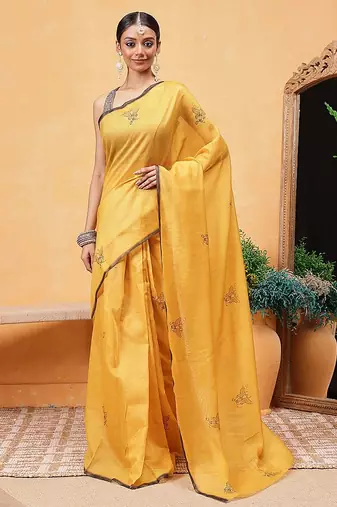 Yellow printed cotton blend ethnic saree with blouse piece