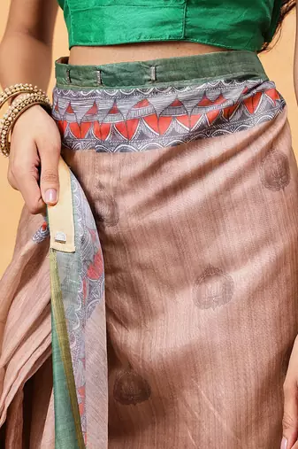 Peach printed cotton blend ethnic saree with blouse piece