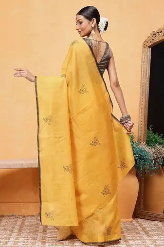 Yellow printed cotton blend ethnic saree with blouse piece