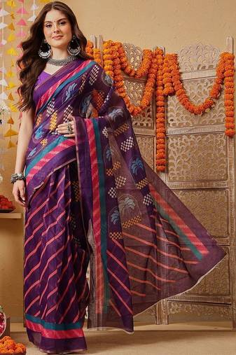 Purple printed cotton blend ethnic saree with blouse piece