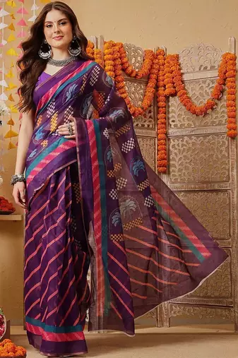 Purple printed cotton blend ethnic saree with blouse piece
