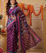 Purple printed cotton blend ethnic saree with blouse piece