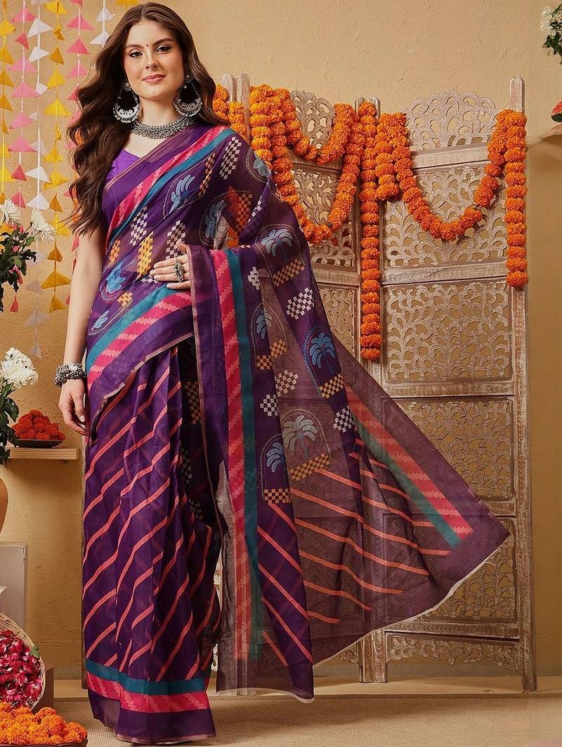 Purple printed cotton blend ethnic saree with blouse piece