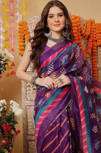 Purple printed cotton blend ethnic saree with blouse piece