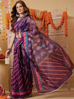 Purple printed cotton blend ethnic saree with blouse piece 3