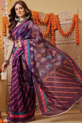 Purple printed cotton blend ethnic saree with blouse piece