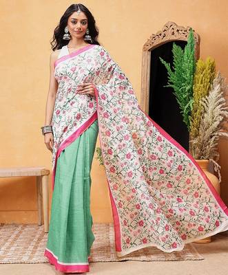 Green printed cotton blend ethnic saree with blouse piece 2