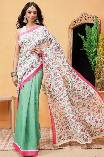 Green printed cotton blend ethnic saree with blouse piece