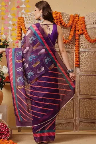Purple printed cotton blend ethnic saree with blouse piece