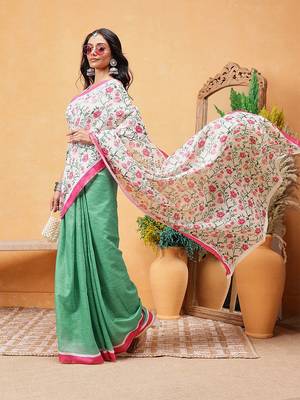 Green printed cotton blend ethnic saree with blouse piece 4