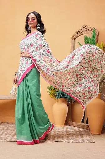Green printed cotton blend ethnic saree with blouse piece