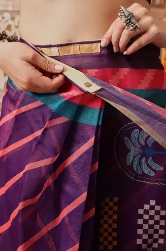 Purple printed cotton blend ethnic saree with blouse piece