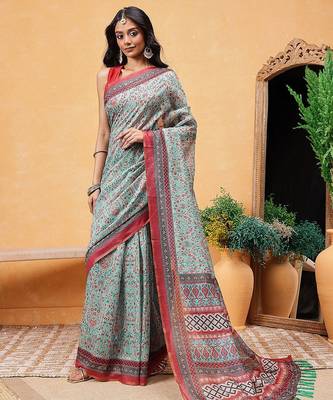 Teal printed cotton blend ethnic saree with blouse piece 2