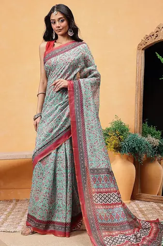 Teal printed cotton blend ethnic saree with blouse piece