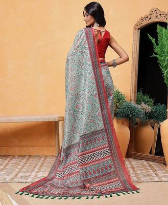 Teal printed cotton blend ethnic saree with blouse piece 3