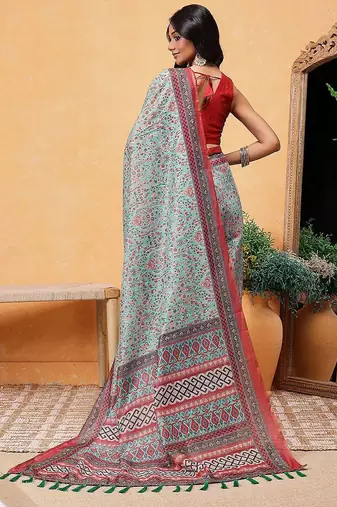 Teal printed cotton blend ethnic saree with blouse piece