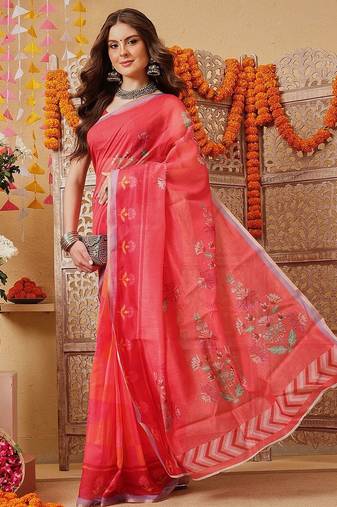 Pink printed cotton blend ethnic saree with blouse piece