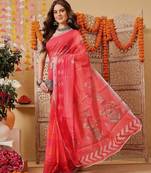 Pink printed cotton blend ethnic saree with blouse piece