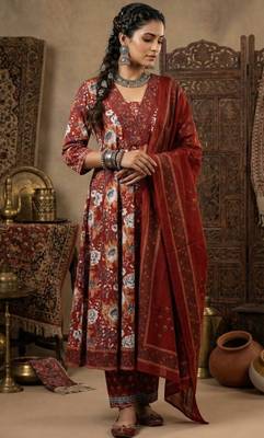 Floral Block Printed suit with crochet kantha hand work comes with Pure Cotton Dupatta and Cotton Palazzo Set of 3 1