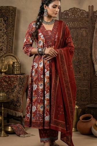 Floral Block Printed suit with crochet kantha hand work comes with Pure Cotton Dupatta and Cotton Palazzo Set of 3
